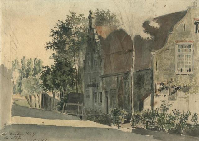 Een huis in het Voorburgstraatje, lopend evenwijdig aan de latere Pletterijkade. (1827)